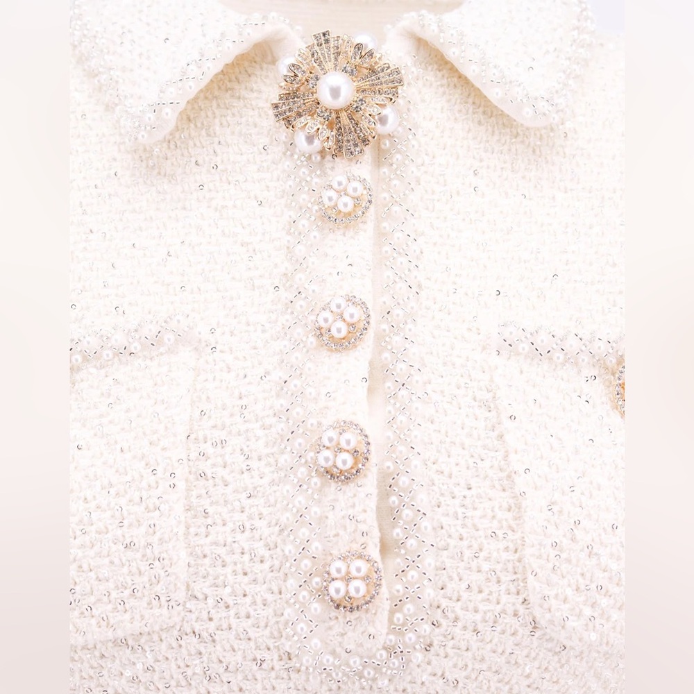Self Portrait 2023 collection Cream Sequin Knit Pearl Mini Dress Size M - Picture 7 of 11